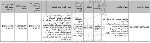 مناقصه عمومی یک مرحله ای واگذاری مدیریتی،نگهداری،راهبری و تعمیرات تاسیسات مکانیکی،الکترونیکی و تجهیزات غیرپزشکی بیمارستان شهدای دهگلان سال1401-1400