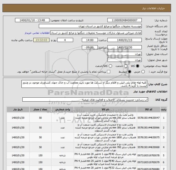 استعلام کلیه لوله های پلی اتیلن و اقلام دیگر از شرکت ها مورد تایید معاونت آب و خاک جهاد کشاورزی موجود در وندور لیست با گرید A باشد.