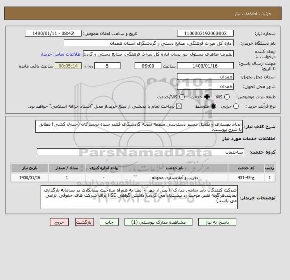 استعلام انجام بهسازی و تکمیل مسیر دسترسی منطقه نمونه گردشگری قلندر سیاه تویسرکان (جدول کشی) مطابق با شرح پیوست.