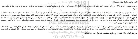 مزایده،مزایده فروش یک دستگاه خودرو پراید هاچ بک نسیم مدل 1381
