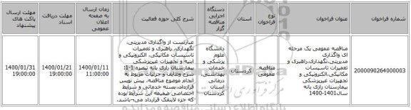مناقصه عمومی یک مرحله ای واگذاری مدیریتی،نگهداری،راهبری و تعمیرات تاسیسات مکانیکی،الکترونیکی و تجهیزات غیرپزشکی بیمارستان رازی بانه سال1401-1400