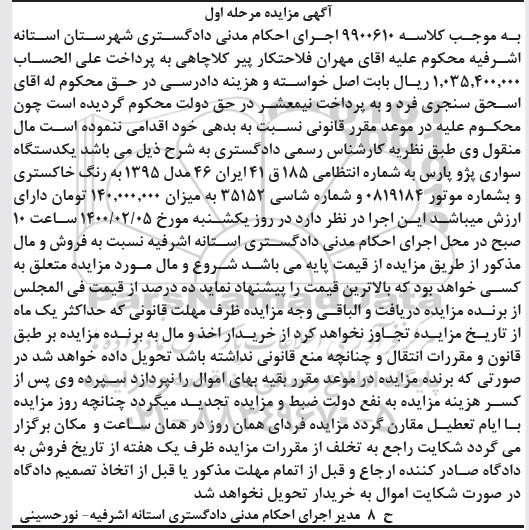 مزایده یکدستگاه سواری پژو پارس مدل 95 مرحله اول