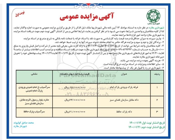 مزایده غرفه پارک ورودی ....