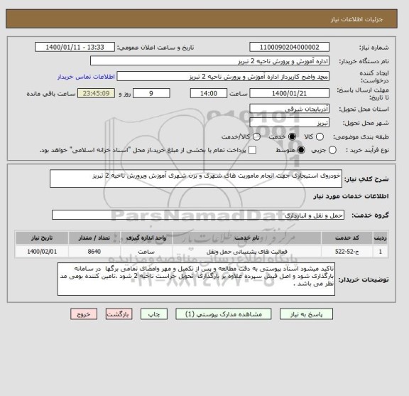 استعلام خودروی استیجاری جهت انجام ماموریت های شهری و برن شهری آموزش وپرورش ناحیه 2 تبریز