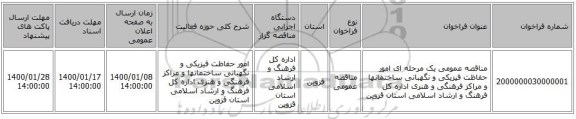 مناقصه عمومی یک مرحله ای امور حفاظت فیزیکی و نگهبانی ساختمانها و مراکز فرهنگی و هنری اداره کل فرهنگ و ارشاد اسلامی استان قزوین
