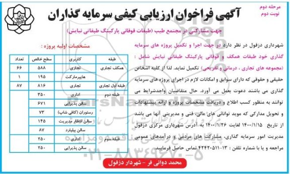 فراخوان ارزیابی کیفی سرمایه گذاران مشارکتی در مجتمع  - مرحله دوم - نوبت دوم