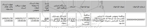 مناقصه عمومی همزمان با ارزیابی (فشرده) یک مرحله ای هنرستان 15 کلاسه کاردانش دخترانه الهیه ناحیه 7 مشهد