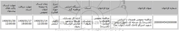 مناقصه عمومی همزمان با ارزیابی (فشرده) یک مرحله ای تکمیل استخر شهید اندرزگو کاخک گناباد (خواب نما)