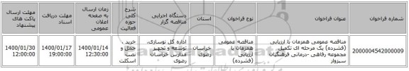 مناقصه عمومی همزمان با ارزیابی (فشرده) یک مرحله ای تکمیل مجموعه رفاهی -درمانی فرهنگیان سبزوار