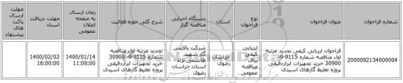 فراخوان ارزیابی کیفی تجدید مرتبه اول مناقصه شماره 9115-9- 30900 خرید تجهیزات ابزاردقیقی پروژه تغلیظ گازهای اسیدی
