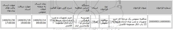 مناقصه عمومی یک مرحله ای خرید تجهیزات و نصب وراه انداری مربوط به  13 باب اتاق مجموعه اقامتی 