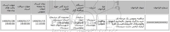 مناقصه عمومی یک مرحله ای خرید،بارگیری وتحویل باقیمانده کنتورها وفلومترهای الکترومغناطیسی طرح آبیاری اراضی دشت سیستان