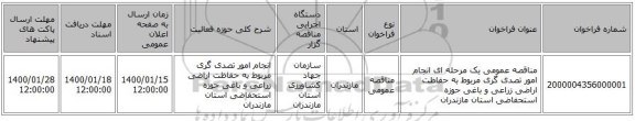 مناقصه عمومی یک مرحله ای انجام امور تصدی گری  مربوط  به حفاظت اراضی زراعی و باغی  حوزه استحفاضی استان مازندران 