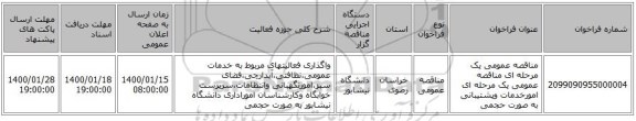 مناقصه عمومی یک مرحله ای مناقصه عمومی یک مرحله ای امورخدمات وپشتیبانی به صورت حجمی