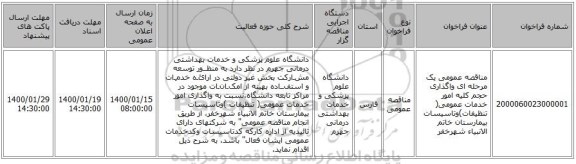 مناقصه عمومی یک مرحله ای واگذاری حجم کلیه امور خدمات عمومی( تنظیفات)وتاسیسات بیمارستان خاتم الانبیاء شهرخفر