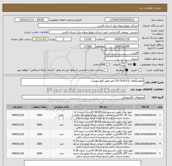 استعلام فیوزلینگهای 1-2-8-15-20 آمپر طبق فرم پیوست