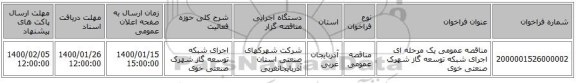 مناقصه عمومی یک مرحله ای اجرای شبکه توسعه گاز شهرک صنعتی خوی 