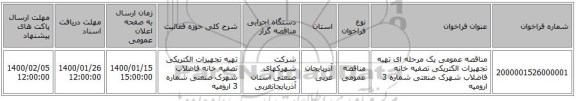 مناقصه عمومی یک مرحله ای تهیه تجهیزات الکتریکی تصفیه خانه فاضلاب شهرک صنعتی شماره 3 ارومیه