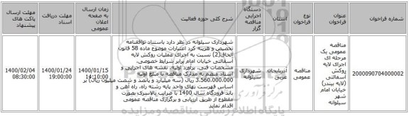 مناقصه عمومی یک مرحله ای اجرای لایه روکش آسفالتی (لایه بیندر) خیابان امام شهر سیلوانه