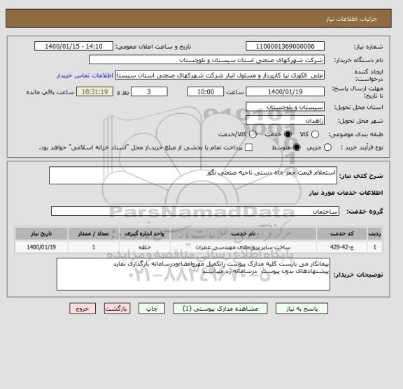 استعلام استعلام قیمت حفر چاه دستی ناحیه صنعتی نگور