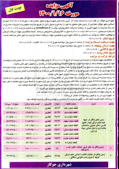 مزایده مزایده فروش تعدادی از زمین های کاربری تجاری و مسکونی نوبت اول 