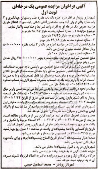 مزایده، فراخوان مزایده اجاره مغازه