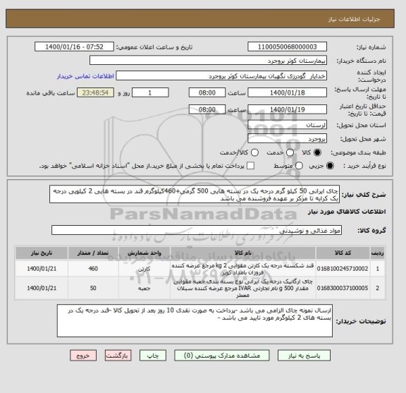 استعلام چای ایرانی 50 کیلو گرم درجه یک در بسته هایی 500 گرمی+460کیلوگرم قند در بسته هایی 2 کیلویی درجه یک کرایه تا مرکز بر عهده فروشنده می باشد 