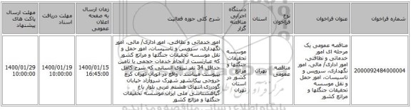 مناقصه عمومی یک مرحله ای امور خدماتی و نظافتی، امور اداری/ مالی، امور نگهداری، سرویس و تاسیسات، امور حمل و نقل موسسه تحقیقات جنگلها و مراتع کشور