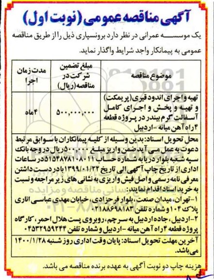 مناقصه , مناقصه تهیه و اجرای اندود قیری (پریمکت)  و ...
