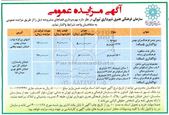 مزایده عمومی, مزایده بهره برداری از فضاهای ...