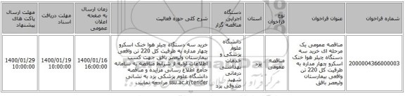 مناقصه عمومی یک مرحله ای خرید سه دستگاه چیلر هوا خنک اسکرو چهار مداره به ظرفیت کل 220 تن واقعی بیمارستان ولیعصر بافق