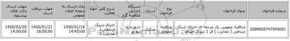 مناقصه عمومی یک مرحله ای اجرای شبک ارتباطی ( مخابرت ) فز 1 شرک اصناف