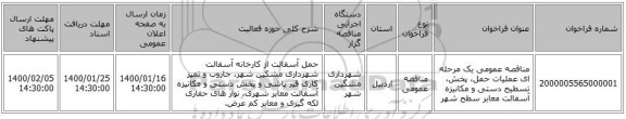 مناقصه عمومی یک مرحله ای عملیات حمل، پخش، تسطیح دستی و مکانیزه آسفالت معابر سطح شهر