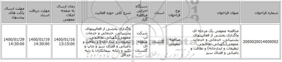 مناقصه عمومی یک مرحله ای واگذاری بخشی از فعالییتهای پشتیبانی، خدماتی و خدمات عمومی(نگهبانی،نظافتچی، تنظیفات و ابدارخانه) و نظافت و باغبانی و فضای سبز 