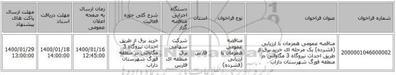 مناقصه عمومی همزمان با ارزیابی (فشرده) یک مرحله ای خرید برق از طریق احداث نیروگاه 3 مگاواتی در منطقه فورگ شهرستان داراب