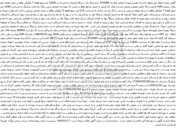 آگهی مزایده ششدانگ یک دستگاه آپارتمان به مساحت 128/81 متر مربع 