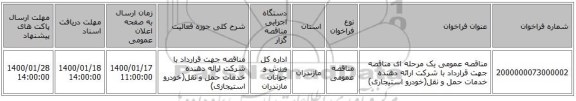 مناقصه عمومی یک مرحله ای مناقصه جهت قرارداد با شرکت ارائه دهنده خدمات حمل و نقل(خودرو استیجاری)