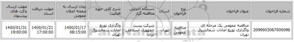 مناقصه عمومی یک مرحله ای واگذاری توزیع امانات شمالشرق تهران 