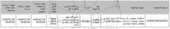 مناقصه عمومی یک مرحله ای خرید،حمل و تحویل تجهیزات پزشکی بیمارستان حضرت ولیعصر (عج) خرمشهر