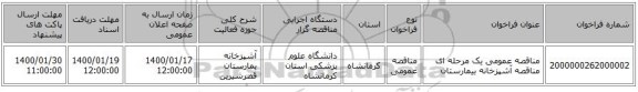 مناقصه عمومی یک مرحله ای مناقصه آشپزخانه بیمارستان