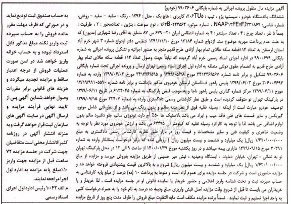 مزایده فروش یکدستگاه پژو تیپ 5 tu206 هاچ بک مدل 1394