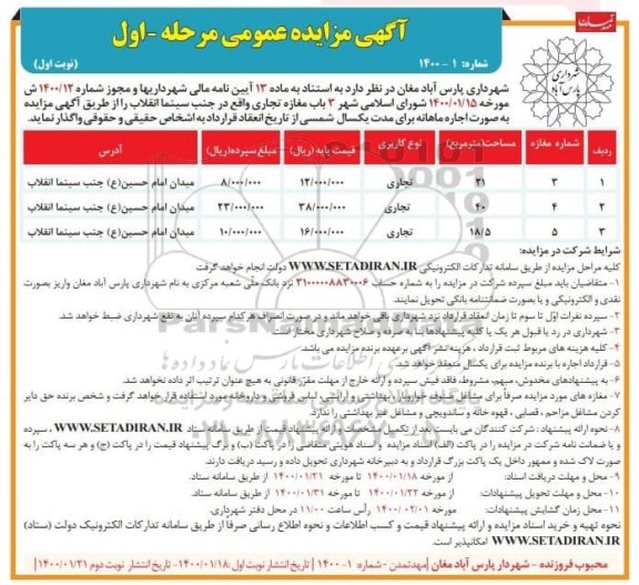 مزایده , مزایده اجاره 3 باب مغازه تجاری