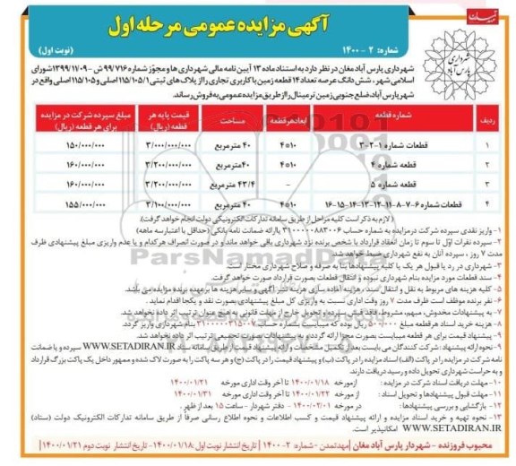مزایده مزایده فروش 14 قطعه زمین با کاربری تجاری مرحله اول نوبت اول