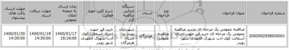 مناقصه عمومی یک مرحله ای تجدید مناقصه عمومی یک مرحله ای خرید قیر جهت اجرای آسفالت کوی ادب شهرک المهدی شهر رویدر