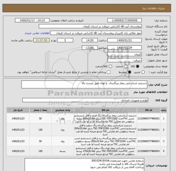 استعلام دستبند شناسایی بیمار بزرگسال  و نوزاد طبق لیست بالا