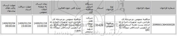 مناقصه عمومی دو مرحله ای   طراحی،خرید تجهیزات،اجرا و راه اندازی پست تغذیه استخراج رمز ارز ازتوربین انبساطی نیروگاه نکا EPC  