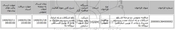 مناقصه عمومی دو مرحله ای رفع اشکالات و راه اندازی مجدد سیستم مشترک و واحد 2 توربین انبساطی نیروگاه نکا