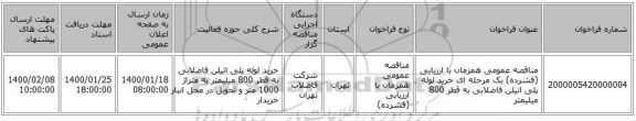 مناقصه عمومی همزمان با ارزیابی (فشرده) یک مرحله ای خرید لوله پلی اتیلن فاضلابی به قطر 800 میلیمتر 