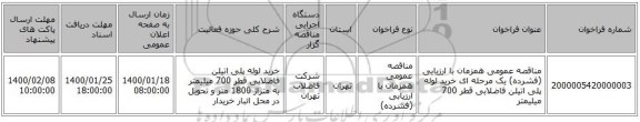 مناقصه عمومی همزمان با ارزیابی (فشرده) یک مرحله ای خرید لوله پلی اتیلن فاضلابی قطر 700 میلیمتر 