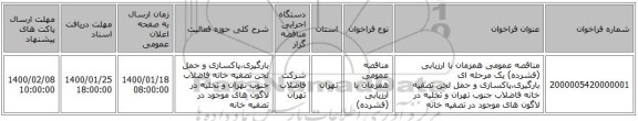مناقصه عمومی همزمان با ارزیابی (فشرده) یک مرحله ای بارگیری،پاکسازی و حمل لجن تصفیه خانه فاضلاب جنوب تهران و تخلیه در لاگون های موجود در تصفیه خانه 